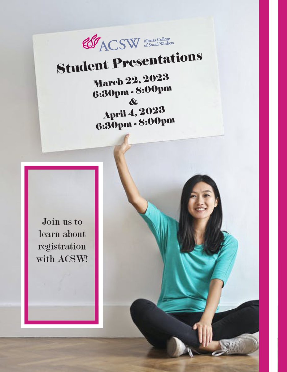 Join us to learn about registration with ACSW! Click here to register for the March 22 presentation: bit.ly/3kocrZR Click here to register for the April 4 presentation: bit.ly/41qXKFM