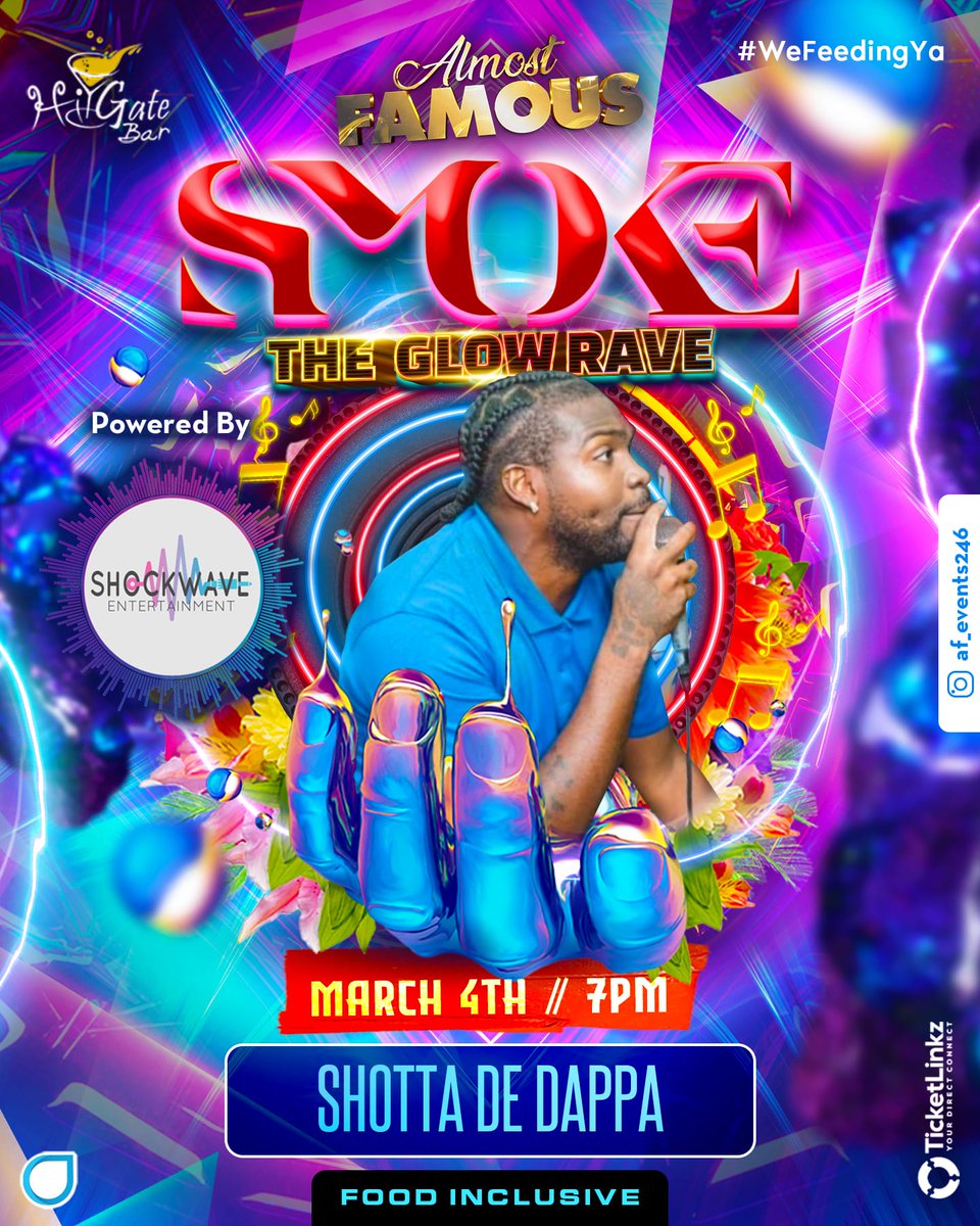Welcoming Shotta De Dappa 🎵 
to our entertainment package 
for "SMOKE" The Glow Rave

Powered by @shockwave_entertainment 

Tier 2 $120 tickets 🎟️🎫 are still available from our box offices.

@supernova_bds
<a href="/yaffabds/">Yaffa</a>
@fowlie402
@midasmagicinc
@avida_pharmacy 
@frictionclothing