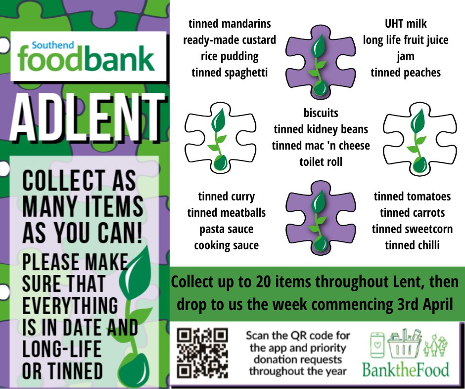 This Lent we have created a list of the 20 items
we most need. We are currently spending over £2,000 a week on food, to make up in donation short-falls.
Anything you can do to help would be really appreciated. Thank you, and please retweet!
#foodbanks #southend #Lent