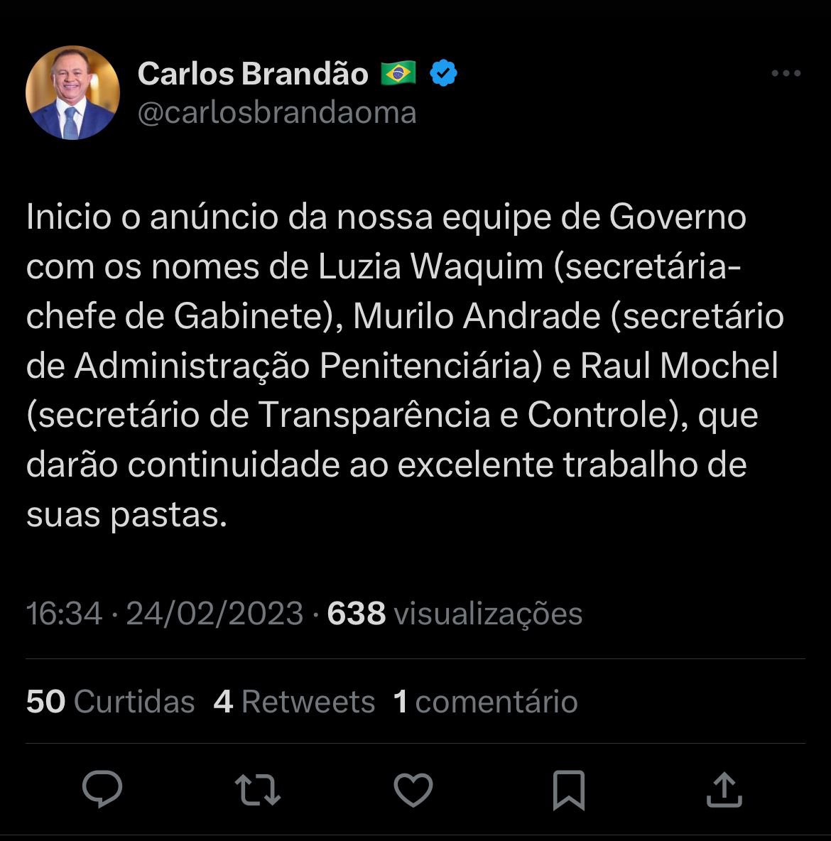 MuriloAndrade_1's tweet image. Agradeço imensamente ao Governador @carlosbrandaoma pela confiança no meu trabalho e pela oportunidade de continuar à frente da Secretaria de Estado de Administração Penitenciária do Maranhão. 
Parabenizo, também os demais secretários já anunciados.
