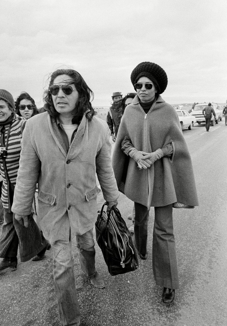 I could give you a million examples of Black and Indigenous solidarity also bring up the fact that there's Black Natives, but since the anniversary is in a few days he's a picture of Angela Davis with Oren Lyons at Wounded Knee.