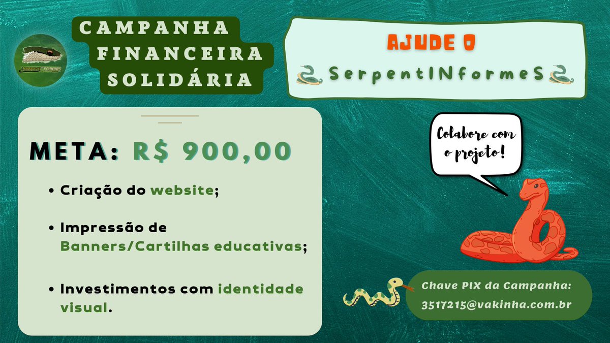 Olá pessoal, to precisando de ajuda pro projeto avançar (virar um coletivo e alcançar mais pessoas)!
.
🐍💚
A meta é conseguir criar um site (blog) e investir na produção de conteúdo impresso (cartilhas e banners para atividades presenciais) e material digital para postagens.