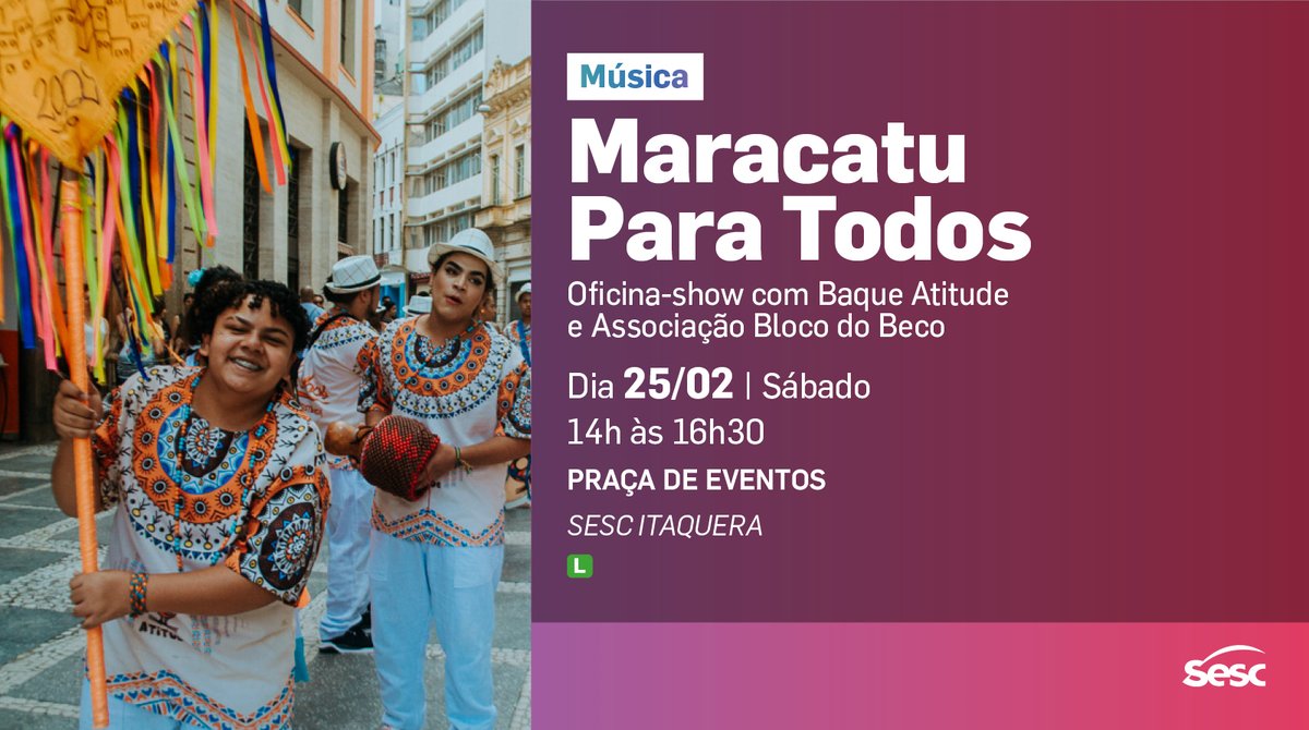 O carnaval acabou, mas o clima de festa segue firme e forte no #SescItaquera! 🤩 Na tarde desse sábado tem a oficina-show "#Maracatu para Todos" com Baque Atitude e Associação Bloco do Beco.

 A partir das 14h, livre e gratuito para todos os públicos. 😉
