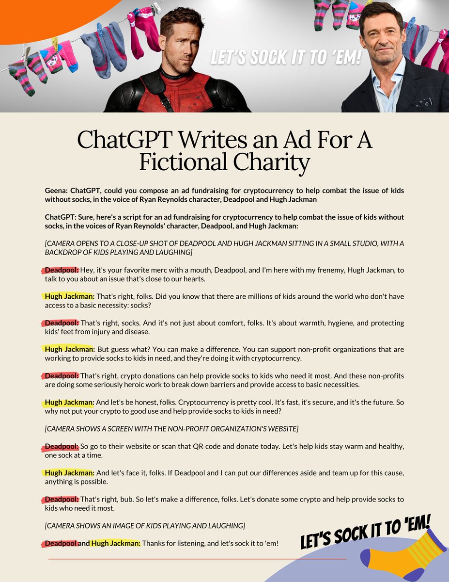 Under-resourced Non Profits who want to write compelling ad campaigns? ChatGPT is here to help!
We asked #ChatGPT to write an ad for a fictional charity, with a little help from <a href="/VancityReynolds/">Ryan Reynolds</a> and <a href="/RealHughJackman/">Hugh Jackman</a> and it's not half bad! 🧦
philanthrop3.com/resources #OpenAI