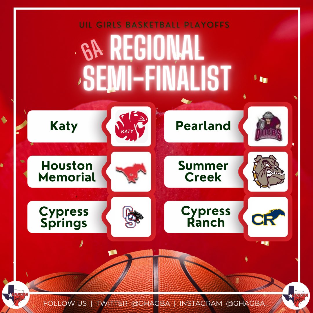 Good Luck in the Regional Semi Finals!!! 🎉 @KTGirlsHoops @77024Basketball @CySpringsGBB @oilerpride_gbb @sc_ladyhoops @CyRanchGBB #GHAGBA #UILPlayoffs #GirlsBasketball