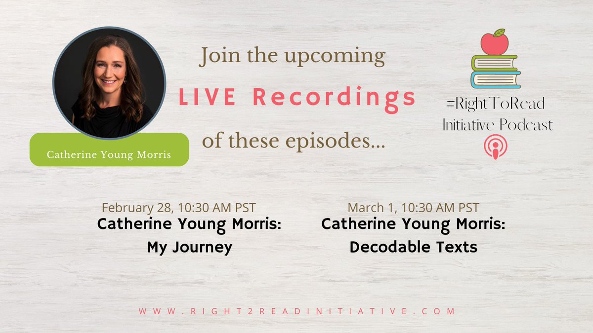 Join us for these upcoming live recordings with Catherine Young Morris

Register here: bit.ly/3YA0qPC

#SoR #RightToRead #right2readinitiative #practicereading