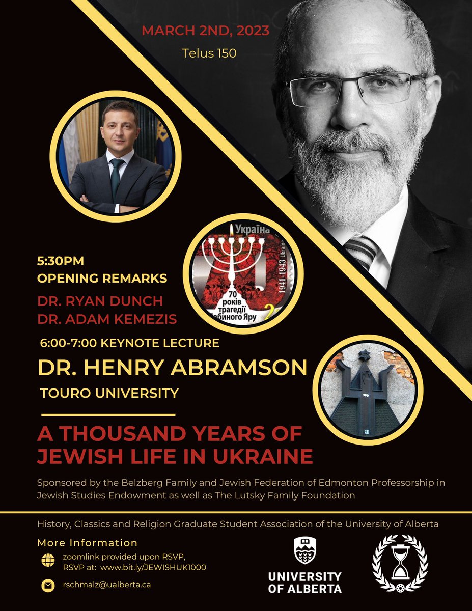 It is less than one week until Dr. Abramson's keynote lecture, 'A Thousand Years of Jewish Life in Ukraine,' for the 2023 HCRGSA Graduate Conference! See the attached poster for details. Registration is required bit.ly/JEWISHUK1000 @hmabramson #universityofalberta
