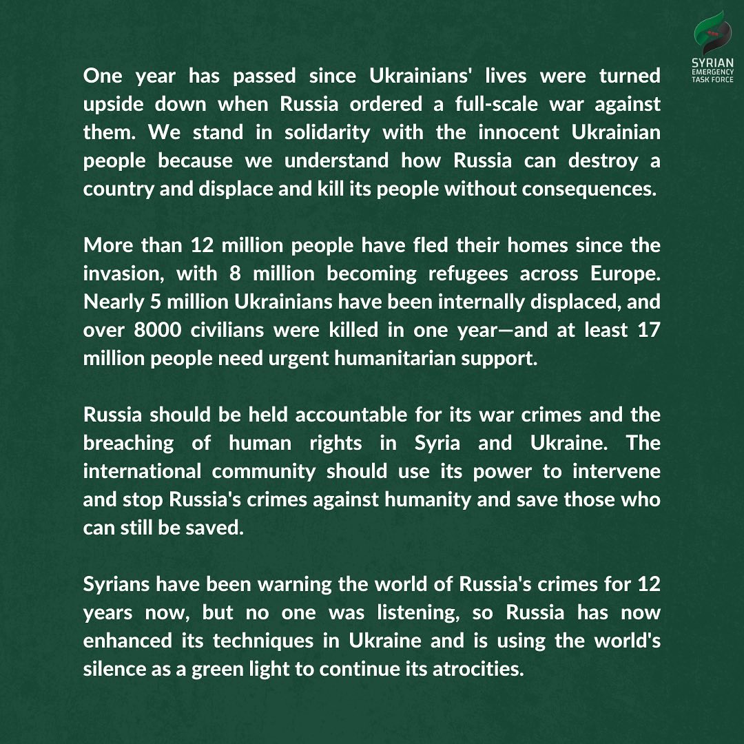 syrianetf's tweet photo. The Syrian and Ukrainian people have lived through the same war crimes committed by Putin against civilians. We stand united against the same killer #Syria #Ukraine https://t.co/yegju7Ybcy