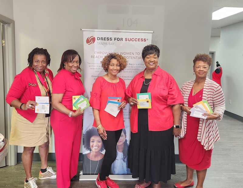 DFSTampaBay's tweet photo. Thank you Delta Dears, a sub committee of the Tampa Metro Alumnae Chapter of Delta Sigma Theta Sorority, Inc. for completing 500 note cards placed in purses for our clients. 

 Laurell Jones, Board Pres gave 5 members a tour of our Boutique in CareerSource Tampa Bay. https://t.co/Ljku7veIzn