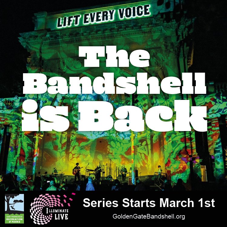 RecParkSF's tweet image. Illuminate Live, the free concert series at Golden Gate Park’s Bandshell, is back for its third season starting next week on March 1! Catch live music in the park every Wednesday, Friday, Saturday, and Sunday through November.