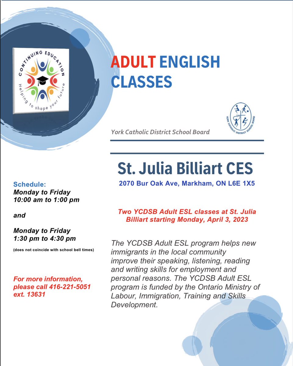 stjuliabilliart's tweet image. YCDSB Adult ESL Program begins Apr. 3rd 2023 at SJBT.