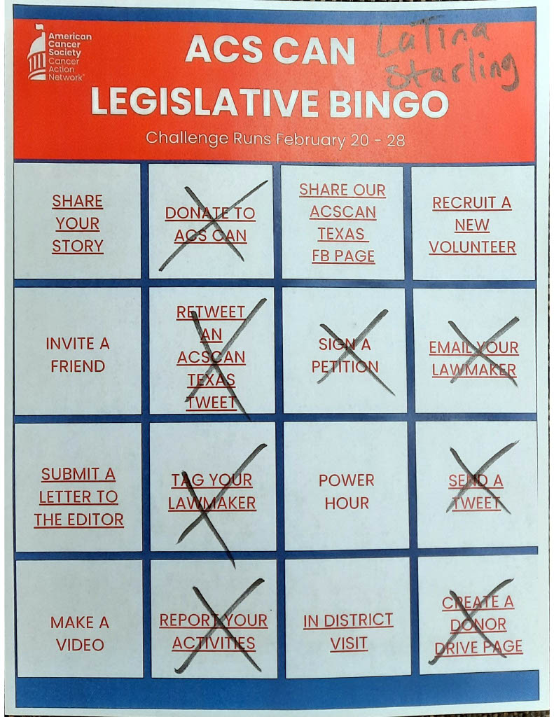 latinastarling's tweet photo. I just hit BINGO! @ACSCANTexas #TXCancerActionDay #TXlege #TXBiomarkers https://t.co/1orF03tj9L