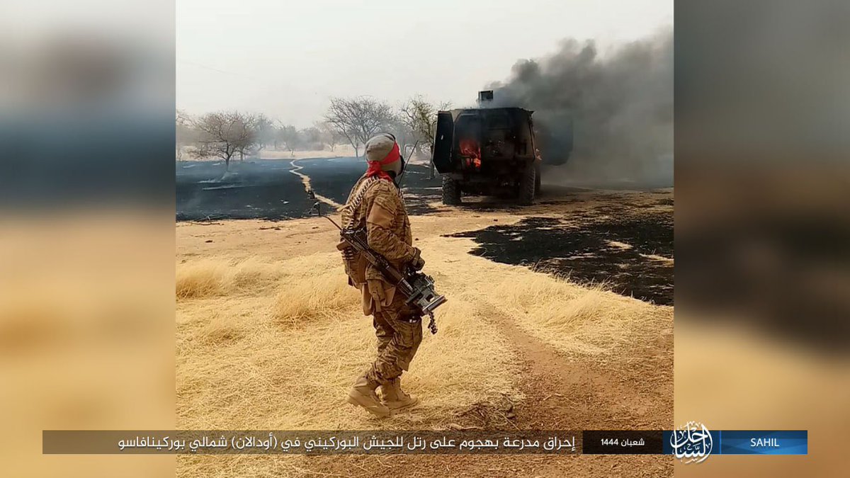 SimNasr's tweet photo. #BurkinaFaso l’#EI diffuse les images des combats à #TinEdiar #Deou 54 dépouilles de militaires sont visibles, les 5 militaires pris en otages et les prises de guerre, 4x4 14,5x2, motos et armes individuelles/munitions https://t.co/gBB4X64Ykg
