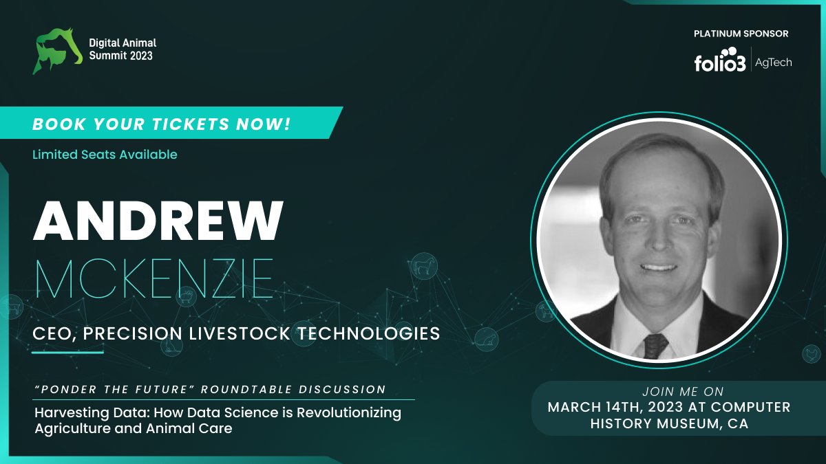 #AndrewMcKenzie, CEO of <a href="/PLT_livestock/">precisionlivestocktech</a> will be speaking at #DAS2023.

Date: March 14th &amp; Venue: <a href="/ComputerHistory/">Computer History Museum</a>

Book your tickets now (save up to $275 with #EarlyBirdDiscount) Discount code: DASEARLY70  bit.ly/3SunA7Z

#AgTech #AnimalCare #AnimalHealth #Technology