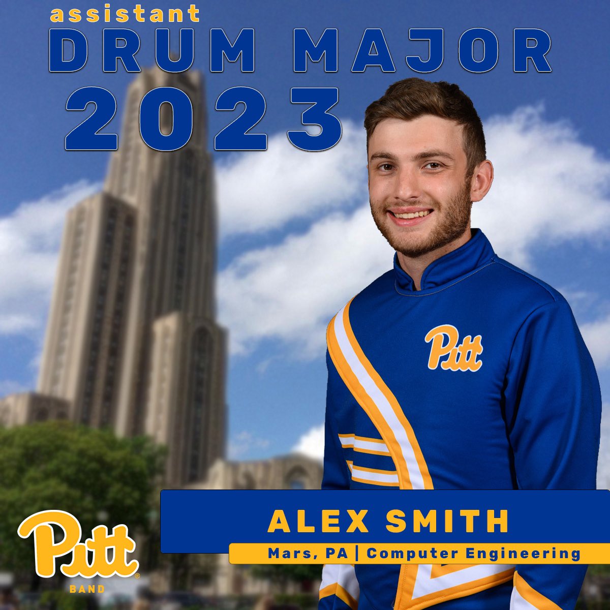 PittBand's tweet photo. Drum roll please... 🥁 

Introducing the 2023 Pitt Band drum major team:

Drum major Courtney Sheridan and our two assistant drum majors Aaron Hunt and Alex Smith! 💙💛 #H2P https://t.co/2JX6rcaRTV