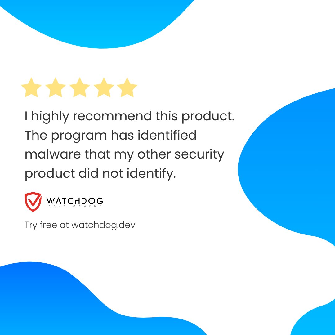 watchdogdev's tweet image. We&apos;re thrilled to hear that our product is helping to keep our users safe from malware that other security products may have missed. Thank you to all of our users for trusting us with your online security! 💻🛡️ #onlinesecurity #malwaredetection #happyusers