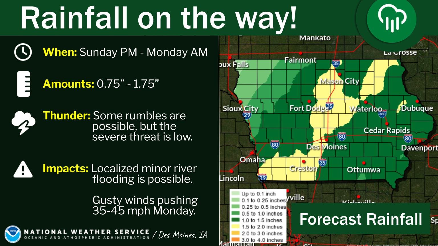 NWS Des Moines on Twitter "Widespread rain and some thunder by Sunday evening through Monday