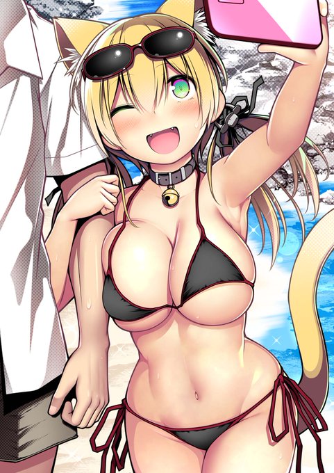 猫ったプリンちゃんと海デートするという季節感ゼロの絵です 