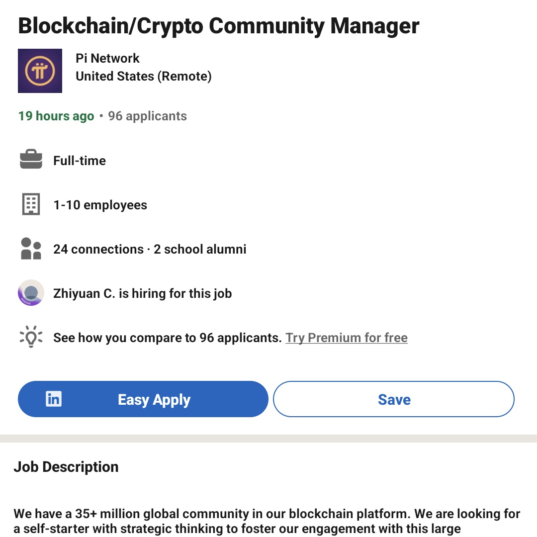 Pi Network job vacancies, you have the opportunity to get this job on  LinkedIn, click on the link to learn about job requirements posted by  @PiCoreTeam.🧰 https://t.co/hqIPMv5Fid Retweet to crypto practitioners in