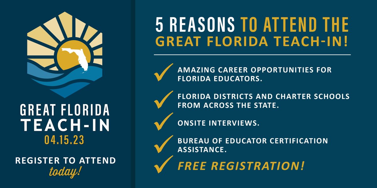 EducationFL's tweet photo. ✅  Amazing career opportunities for Florida educators. 
✅  Districts and charter schools from across the state. 
✅  Onsite interviews.  
✅  Bureau of Educator Certification assistance. 
✅  Free registration!  

Register for the Great Florida Teach-In! https://t.co/tHhWUGXe2z https://t.co/tR98UwCJpo