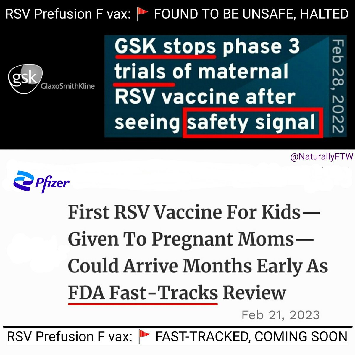 🚨 Media will NOT tell you: • The new RSV vaccines showed a 🚩 SAFETY problem so Alarming, GlaxoSmithKline had to Abruptly End all clinical trials. • 1 of ~600 young healthy people DIED in a Pfizer RSV study. • Guillain-Barré syndrome: FDA admits Pfizer's new RSV vax causes