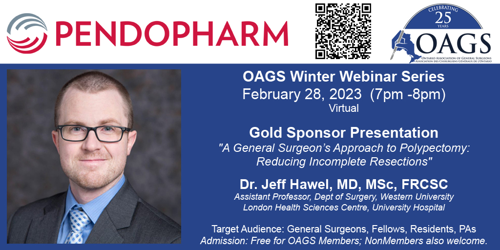 OAGS1's tweet photo. Attn. ON General Surgeons, Fellows, Residents, PAs - Join us next week Feb.28 for our first 2023 Winter Webinar on #polypectomy ft. Dr. Jeffrey Hawel of @westernuSurgery. Register soon! https://t.co/vkGcub9n13 / @_Pharmascience_ #Pendopharm #OAGS2022 #generalsurgery https://t.co/VAZVijdfUr