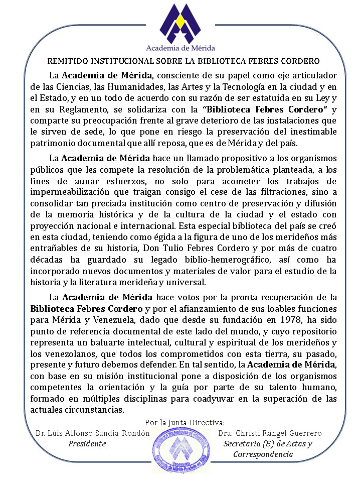 leoperiodista's tweet image. #24Feb...Remitido de la Academia de #Mérida sobre la situacion de la biblioteca Febres Cordero