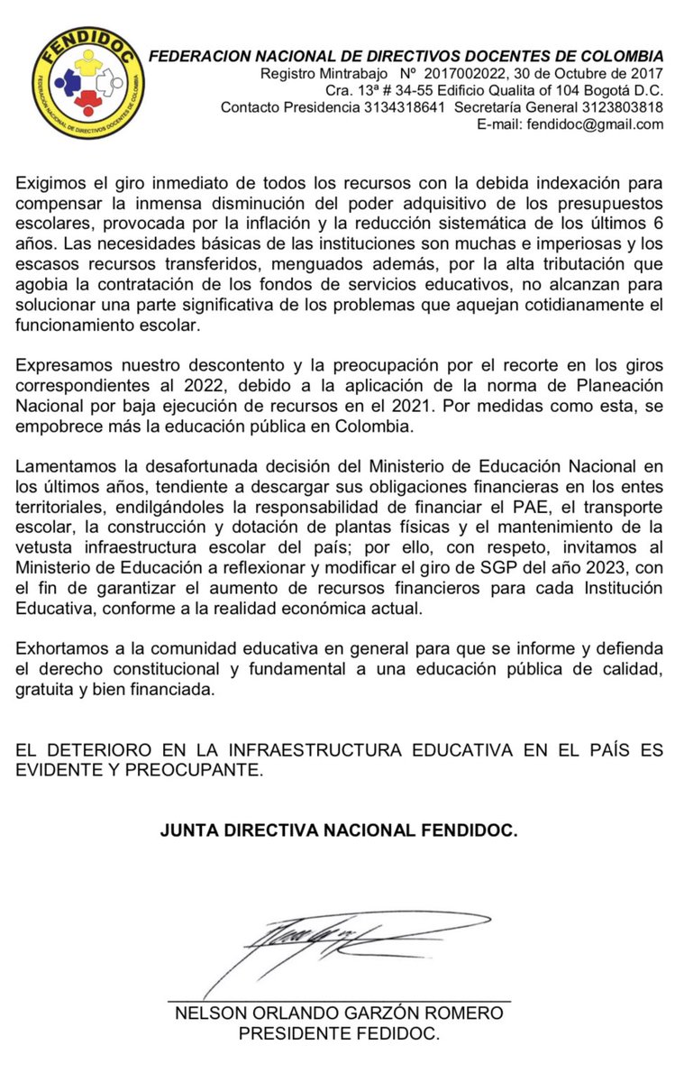 Direct_Cund's tweet photo. Los Directivos Docentes de Colombia agremiados en la Federación Nacional - FENDIDOC exigimos del Gobierno Nacional que sea coherente: hablan de Calidad Educativa pero reducen drásticamente los recursos de gratuidad. DENUNCIA PÚBLICA!!! https://t.co/ZZKbS06tb9