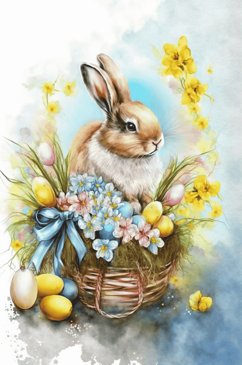 ThePromptist's tweet photo. Midjourney prompt by Mikhail Schetinin:

cute fluffy rabbit sit inside basket with multicolored eggs, easter, fur, yellow flowers around, easter eggs at foreground, isolated, light blue background :: watercolor, spring colors, --aspect 2:3 --s 750 --q 2 https://t.co/2egJoS0nPm