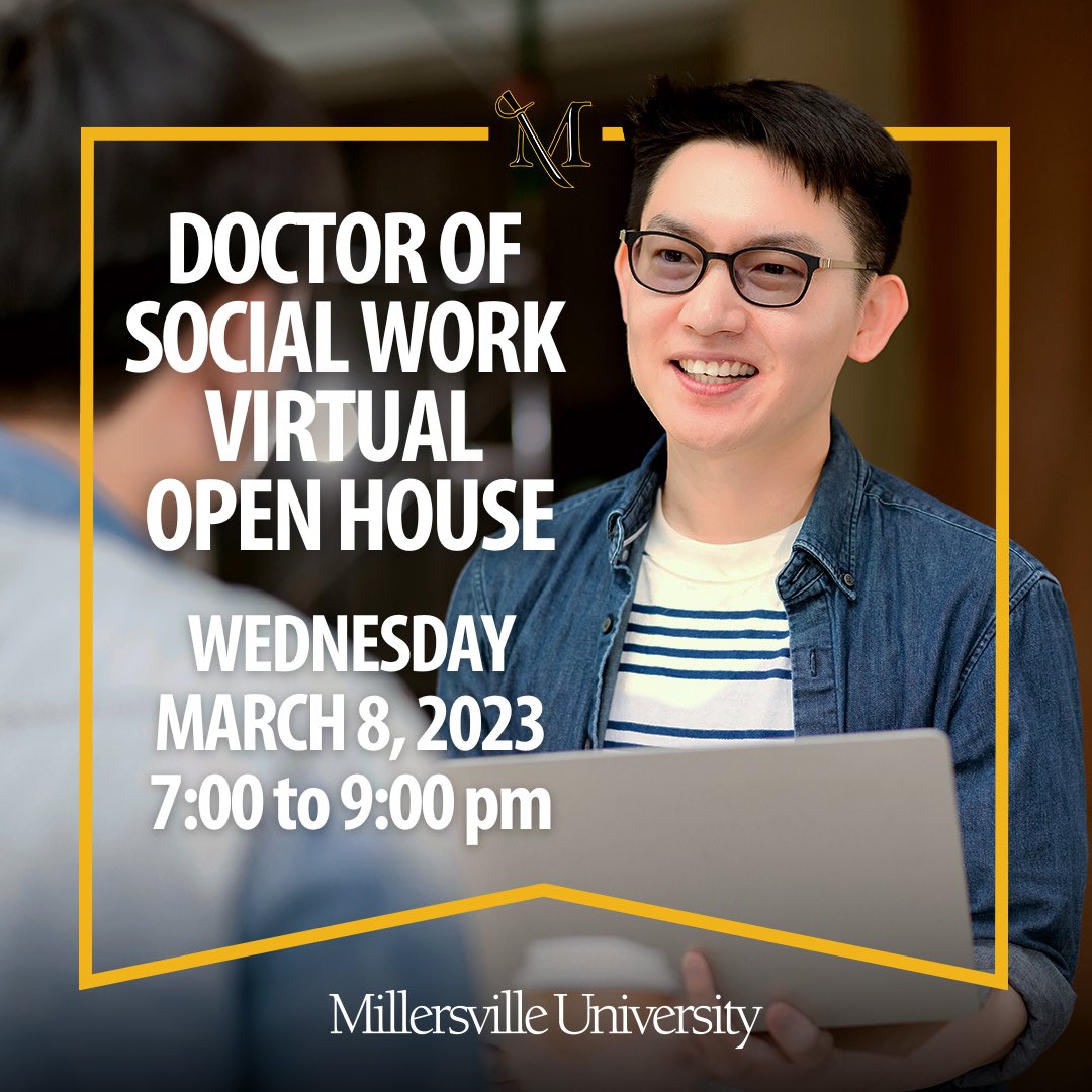 MUGradStudies's tweet photo. Millersville University’s School of Social Work isinviting you to meet the DSW Program Director,learn about the DSW program, Q&amp;A and more.Please consider joining us on Zoom. Register online today at https://t.co/Yxzfe2CSAt! https://t.co/kvUUKV8DZg