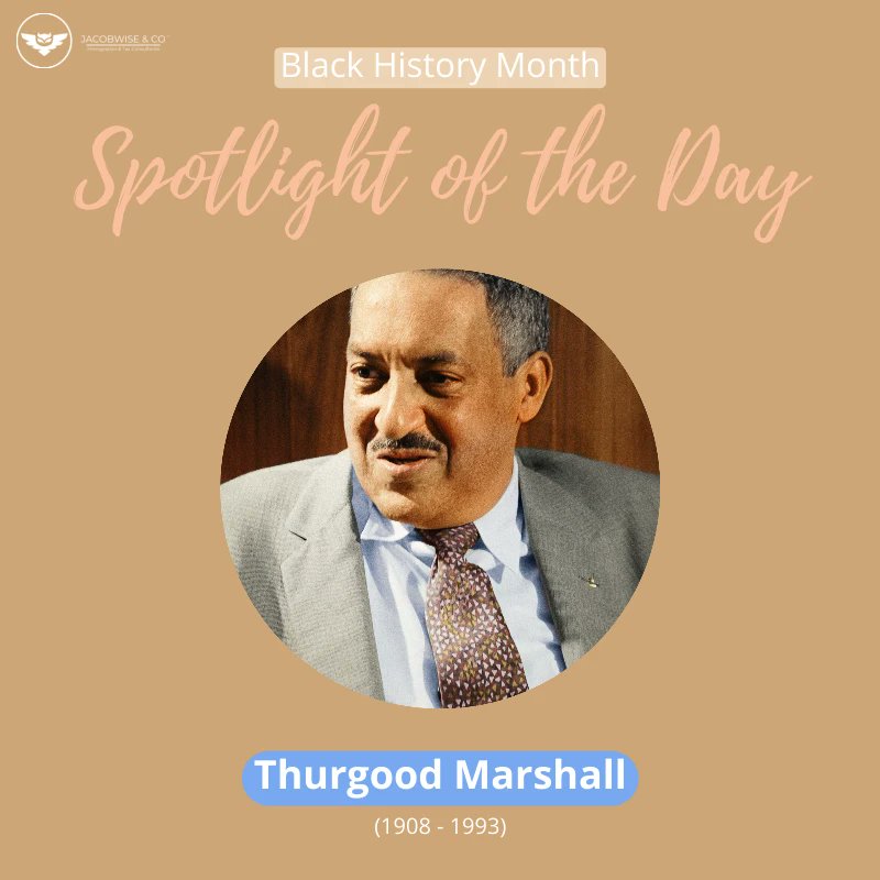 JacobwiseCo's tweet photo. Our Black History Month Spotlight of the Day goes to Thurgood Marshall! Thurgood Marshall's interest in social change began at Howard University Law School, where his mentor encouraged him to use the law for that reason. He graduated first in his class in 1933 and two years... https://t.co/0garsVsaaL