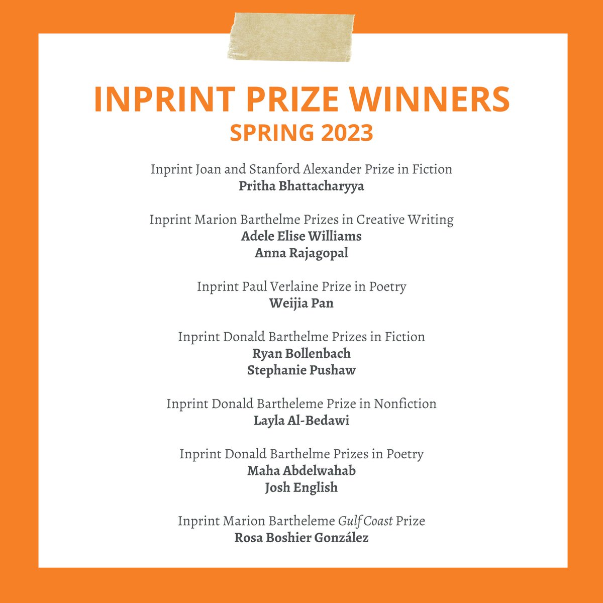 Congratulations to our Spring 2023 Inprint Prize Winners! 👏👏👏 We are proud to support Houston’s next generation of creative writers and we can’t wait to see where your writing career takes you. Remember these names, y'all!
