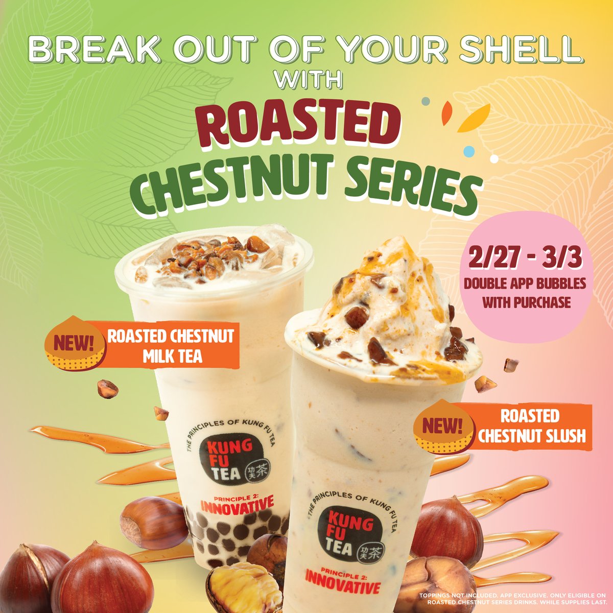 kfteausa's tweet photo. 🌰It's time to crack open our new ROASTED CHESTNUT SERIES 🌰
Stop by your local KFT next week and earn double app bubbles when you order either chestnut drink from the KFT App🧋
#boba #bubbletea #bobagang #bobabesties #americasbubbletea #kungfutea #kftchestnut #roastedchestnut https://t.co/3qUQtiVrbb