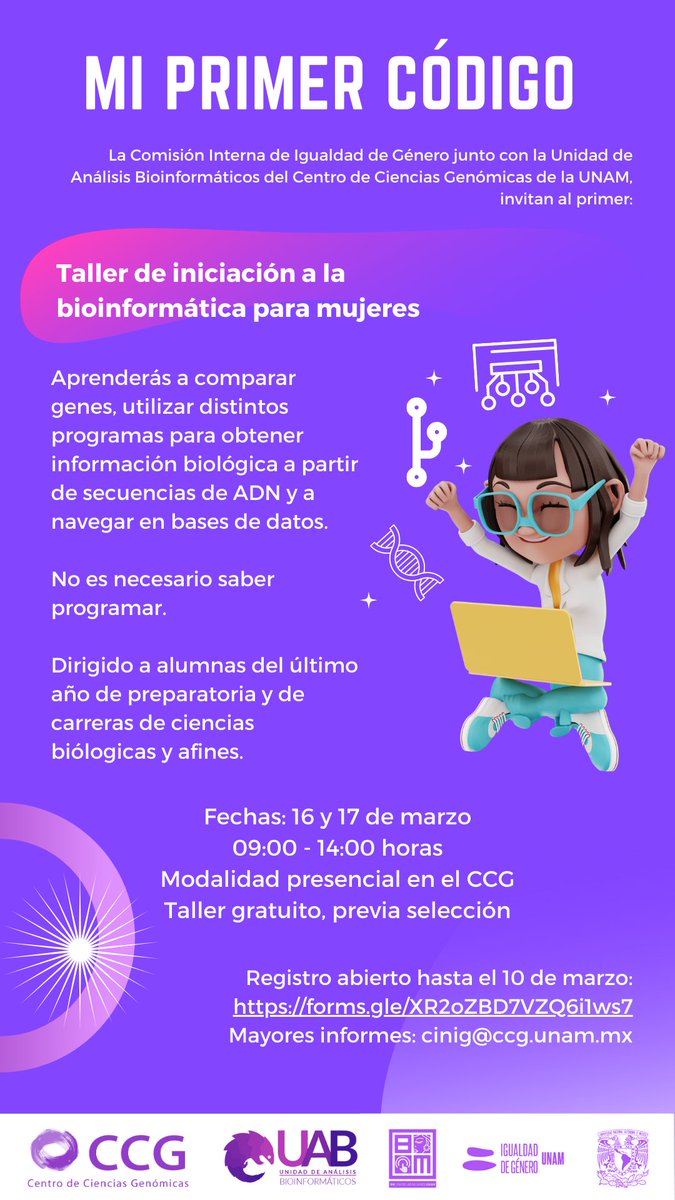 ccg_unam's tweet photo. 💻 CONVOCATORIA: MI PRIMER CÓDIGO
Taller de iniciación a la bioinformática

📆16 y 17 de marzo en modalidad presencial en el CCG

⏰ de 09:00 a 14:00 horas

📝Registro de aspirantes: https://t.co/3VwyRCuenh

🪪Se entregarán constancias de participación.

#CerremoslaBrecha https://t.co/LfRp4taVC2