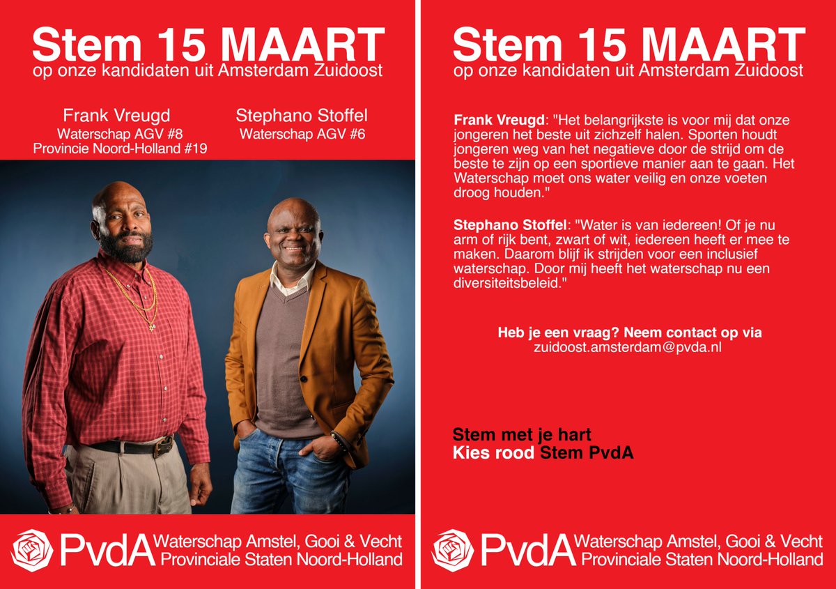 PvdA020Zuidoost's tweet photo. PvdA Amsterdam Zuidoost heeft heeft twee kandidaten voor @waterschapagv en één voor de Provinciale Staten. Genoeg te kiezen dus! 

Stem strategisch! 

#StemMetJeHart #KiesRood #15maart2023

@PvdAnh 
@PvdA @AgvPvdA @pvda_amsterdam  @StephanoStoffel https://t.co/2PrI0J6q08