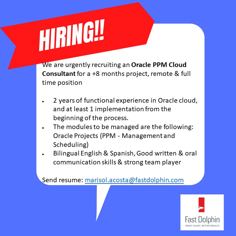fastdolphin's tweet image. #Oracle #Cloud #OraclePPM #ManagementandScheduling #OracleCloud #CloudExpert #ProjectManagement #hiring #job #it #itjob #mexico #latam #argentina #chile #colombia #costarica #panama #peru #venezuela #like #share