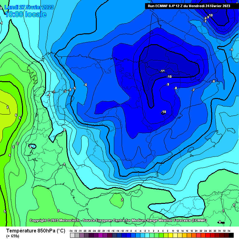 Navarrameteo's tweet photo. 🥶❄️⚠️➡️ El LUN 27 será un día muy frío en #Navarra . Está previsto que nos llegue una isoterma de -11° a 850 hPa ~ 1500m

No nos llegaba una iso -10° o inferior desde Feb 2018, hace ya 5 años

Las 🌡TMáx serán negativas en muchas zonas desde apenas 300/600m https://t.co/jCUdResiZ7