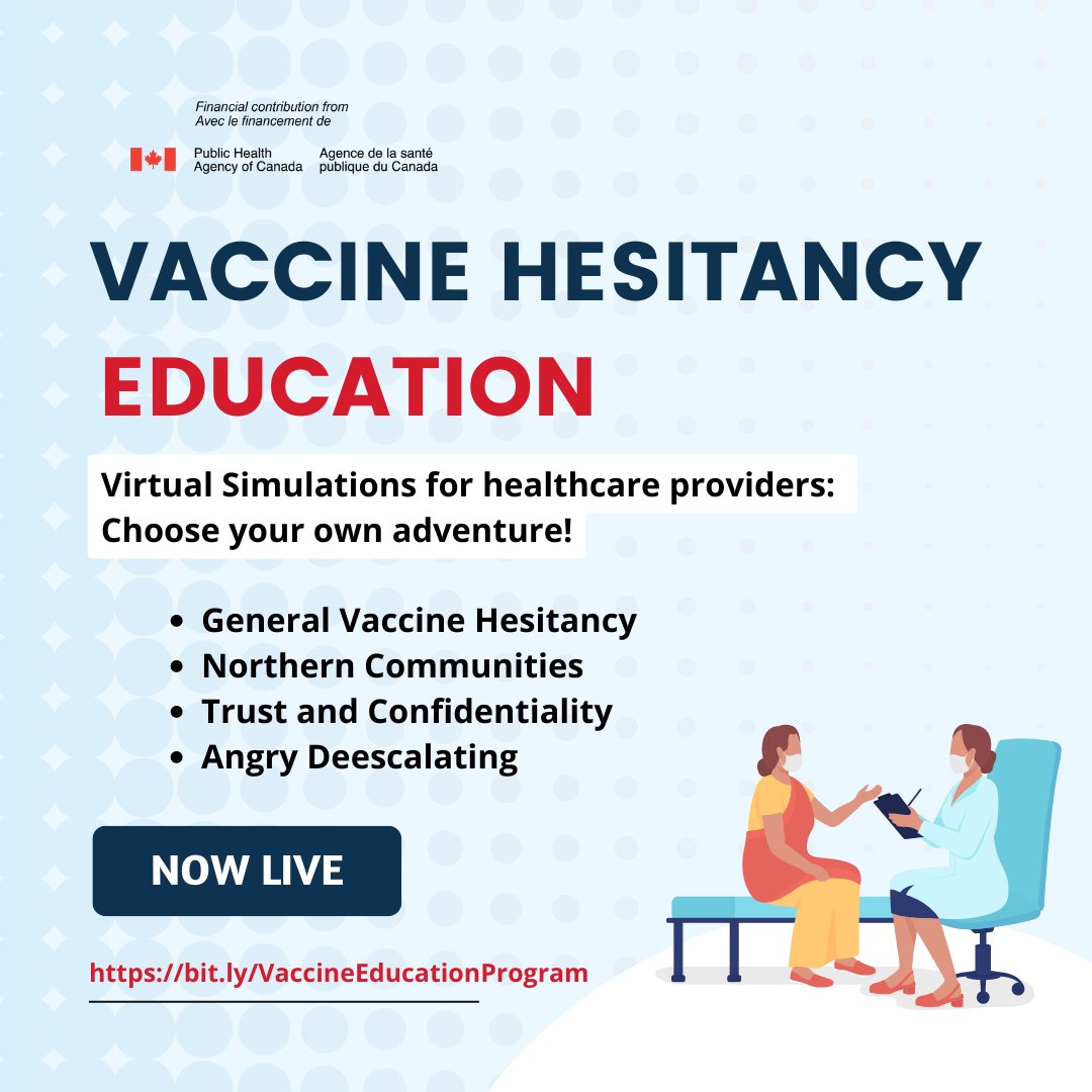 Virtual simulations are LIVE for healthcare providers in MB to address vaccine hesitancy, immunization myths, and approaches to initiating a discussion on vaccination: 

nursepractitioner.ca/pages/93-phac-…

#protectMB #Covid19MB #Covid19Vaccine #VaccineEducationMB 
@NPAssociationMB