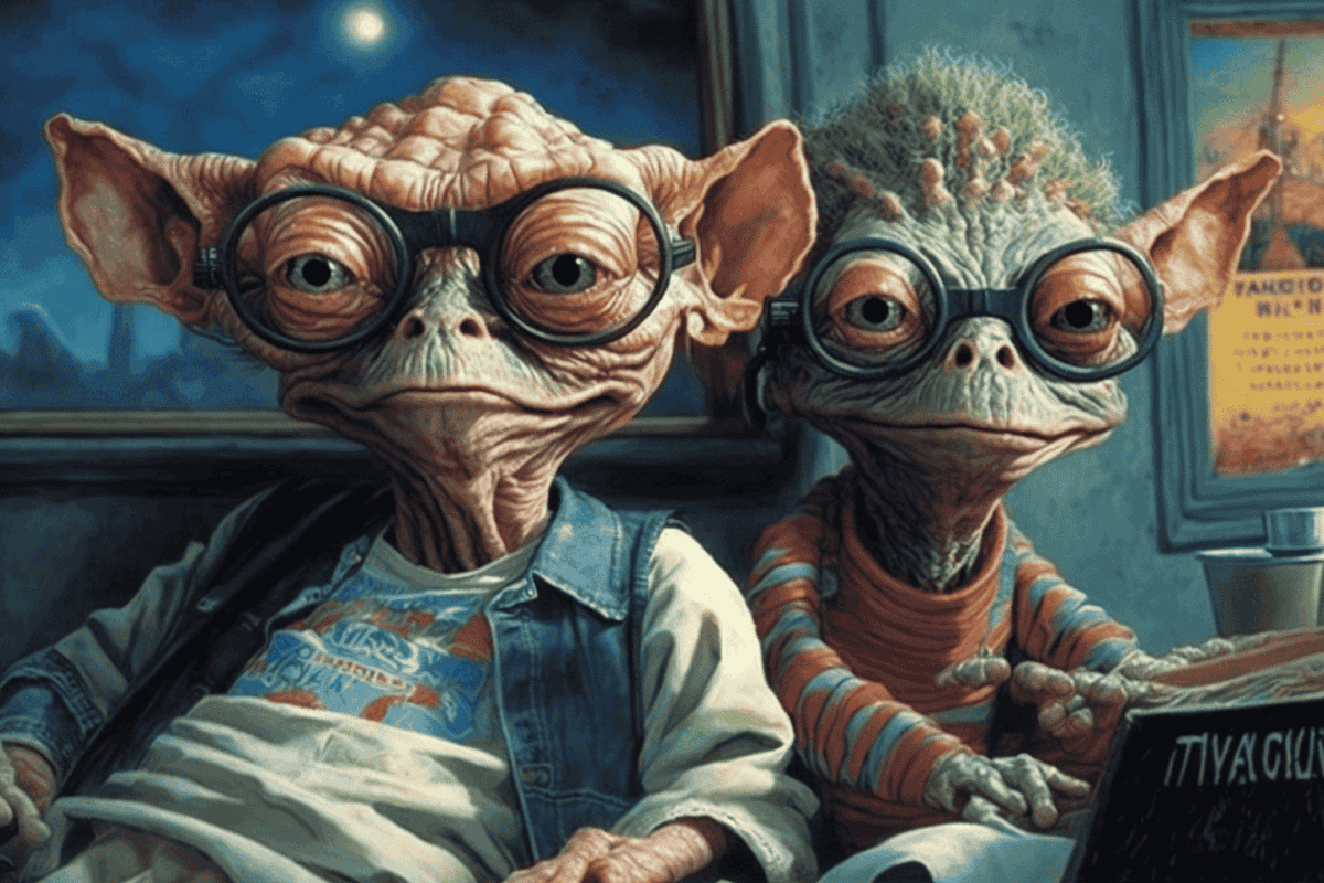 ThePromptist's tweet photo. 80s sitcom with time traveling alien creatures taking over the planet in the style of Yoko d'Holbachie, ultra realistic, hyper realism, complex , 35mm, --ar 3:2  --q 2  --v 4

~ Midjourney prompt by MindBlur https://t.co/PFcR7zBJ78