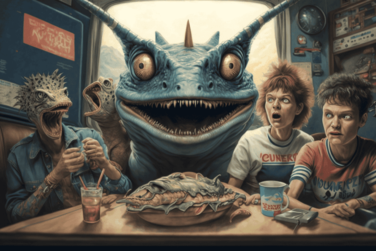 ThePromptist's tweet photo. 80s sitcom with time traveling alien creatures taking over the planet in the style of Yoko d'Holbachie, ultra realistic, hyper realism, complex , 35mm, --ar 3:2  --q 2  --v 4

~ Midjourney prompt by MindBlur https://t.co/PFcR7zBJ78