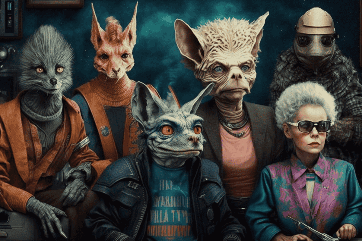 ThePromptist's tweet photo. 80s sitcom with time traveling alien creatures taking over the planet in the style of Yoko d'Holbachie, ultra realistic, hyper realism, complex , 35mm, --ar 3:2  --q 2  --v 4

~ Midjourney prompt by MindBlur https://t.co/PFcR7zBJ78
