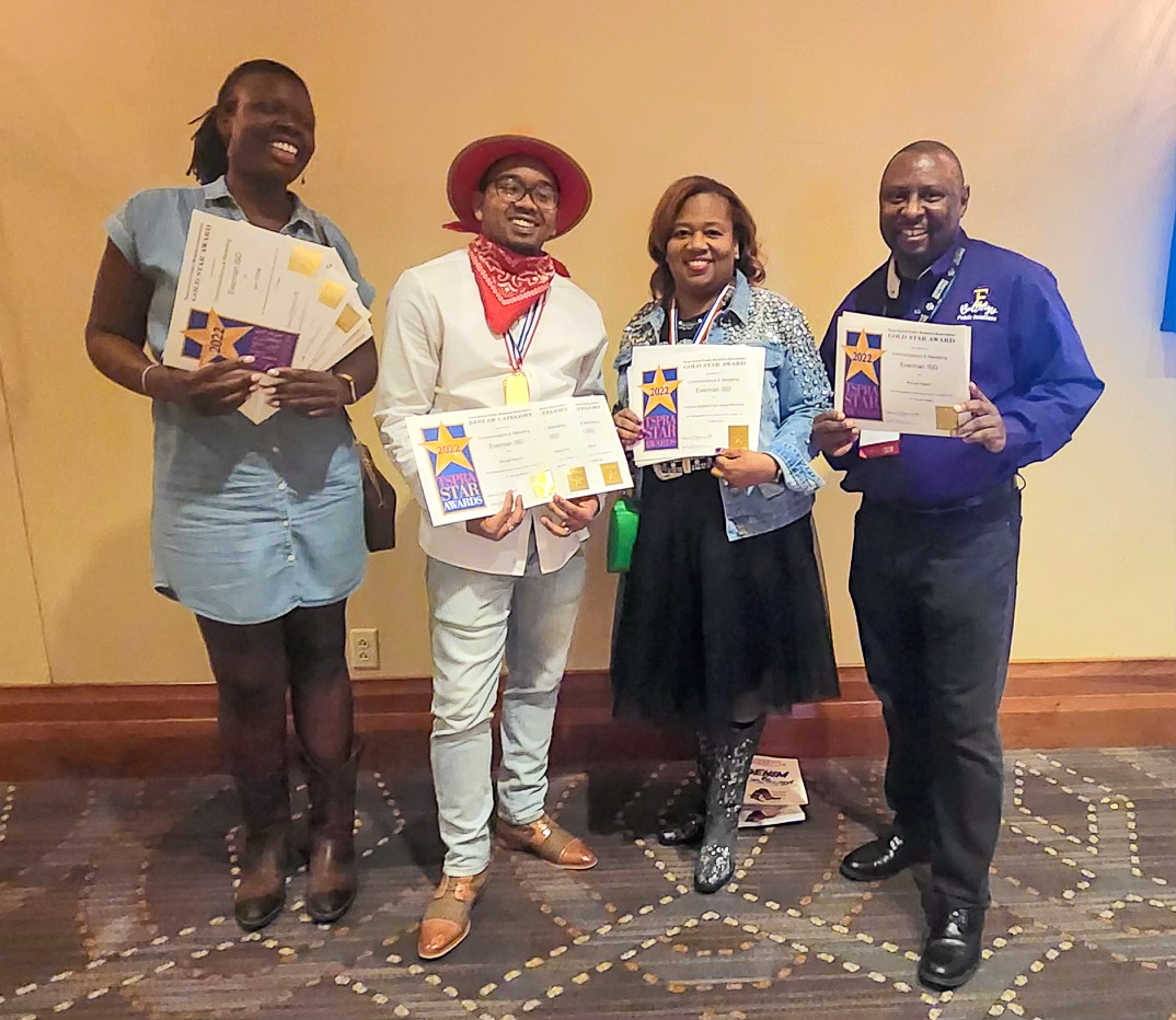 EvermanISD's tweet photo. Our PR Department attended the #TSPRA Conference this week. They are the proud recipients of numerous awards, including 3 Gold Medals. These awards directly reflect our district and the fantastic things happening on our campuses. #EvermanStrong #TSPRA23 https://t.co/H7BabUXCOD