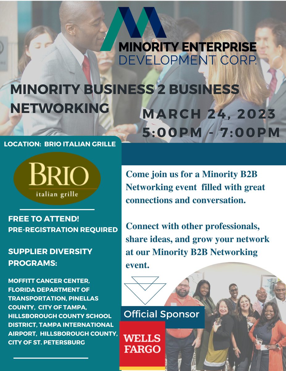EileenRodriguez's tweet photo. Call to all MBEs!!  Minority Enterprise Development Corporation of Tampa Bay, Inc. is hosting a Minority Business 2 Business event on March 24, fully sponsored by Wells Fargo.   You can click here to register: https://t.co/inq9TOYlwE https://t.co/jNUn7XrW6Y