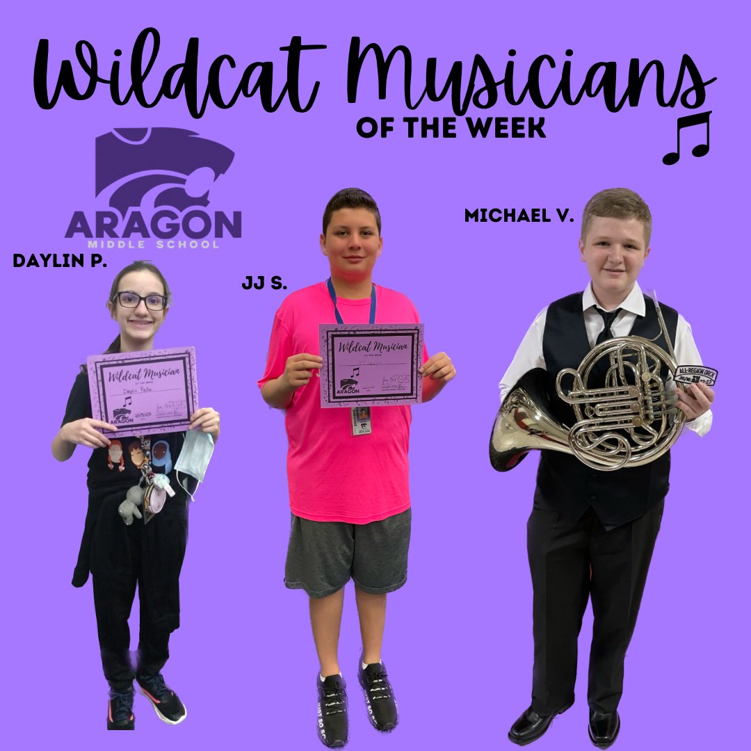 AragonWildcats's tweet photo. The #WildcatMusiciansOfTheWeek always bring their #WildcatExcellence and we are so proud of them! Congratulations to Daylin, JJ, and Michael - keep up the good work! https://t.co/q7xCfKVgEB