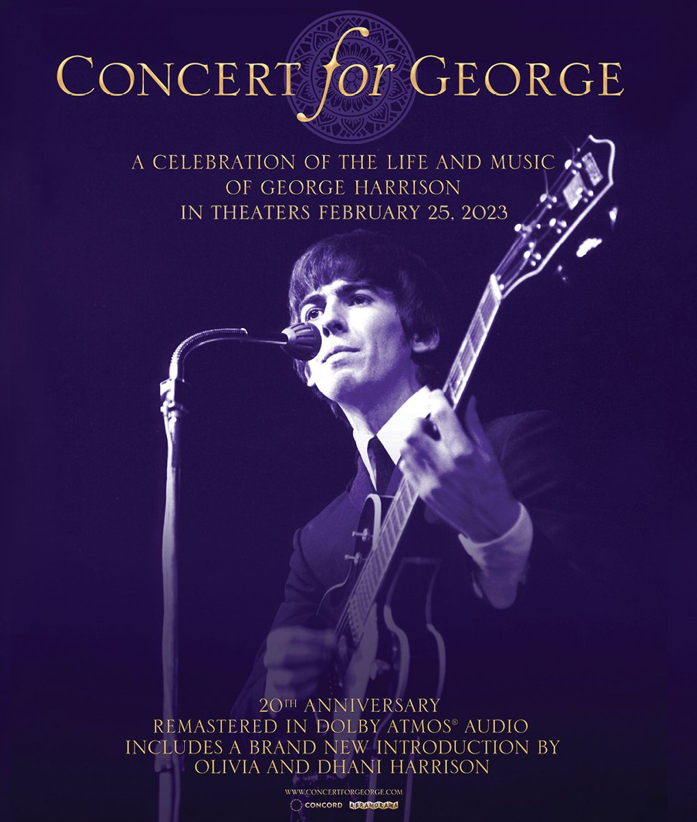 GeorgeHarrison's tweet image. CONCERT FOR GEORGE will be returning to theaters for a handful of special screenings honoring the anniversary of George's birthday this weekend. Experience this star-studded show on the big screen, now in newly remastered immersive Dolby Atmos Audio concertforgeorge.com/theatrical-lis…