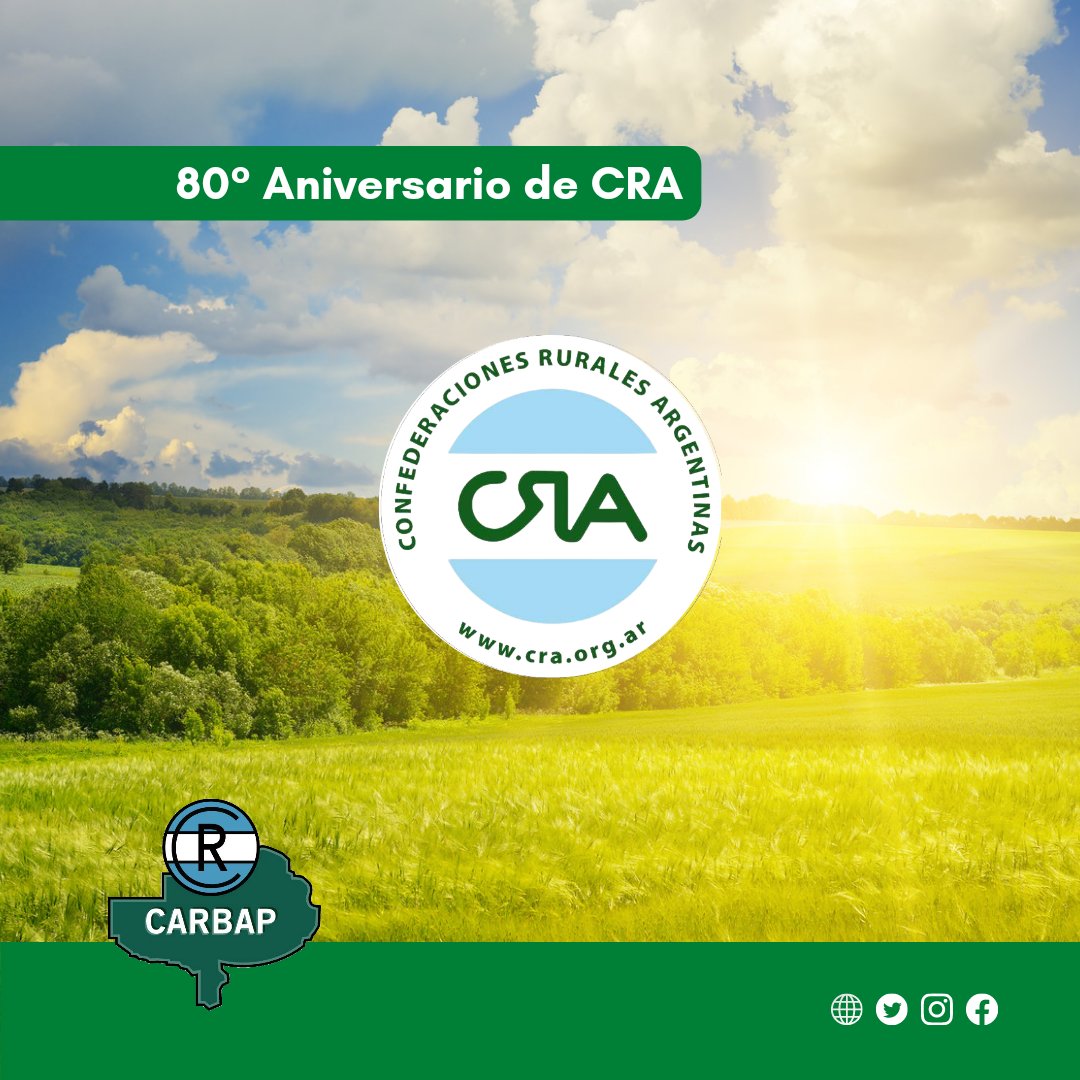 Nuestro saludo a todos los que formamos parte de la Familia de Confederaciones Rurales Argentinas en este 80° Aniversario.

A seguir con toda la fuerza acompañando al hombre y la mujer de #Campo de todo el país ❤️🇦🇷

#EquipoCARBAP #SomosCRA
