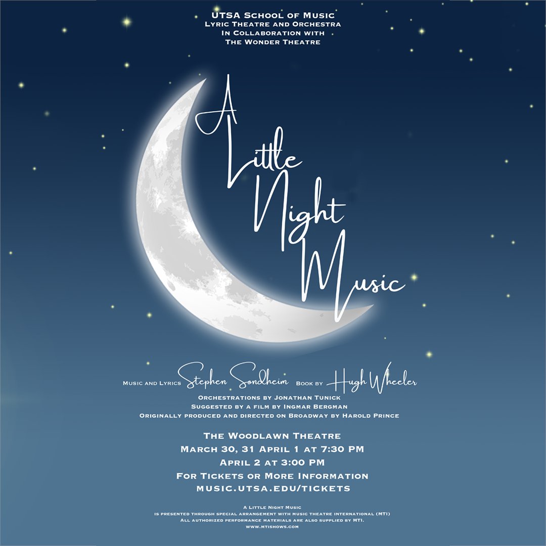 UTSAmusic's tweet photo. We are excited to announce that the Lyric Theatre and Orchestra will perform "A Little Night of Music" in collab. with the Wonder Theatre at Woodlawn Theatre at 7:30 p.m on March 30th, 31st, and April 1st, and at 3:00 p.m on April 2nd! For more info, visit https://t.co/O2idRH9PVJ https://t.co/IAHt3pu4Q6