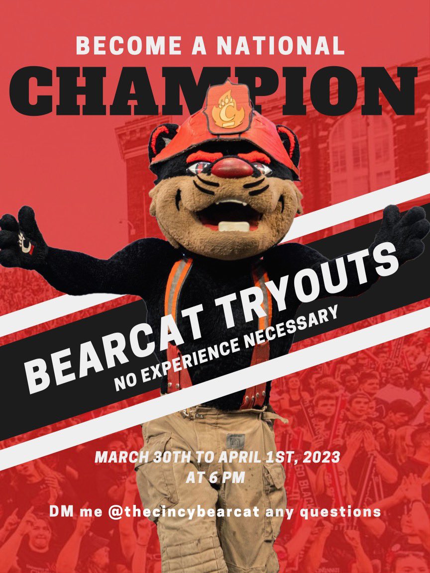 🚨 2023 Bearcat Tryouts🚨 

Informational Meetings:
🗓️ March 2nd &amp; March 8th
⏰ 6:30 PM
📍 Meet at Oscar Robertson Statue (outside of 5/3rd arena)

Tryouts: 
🗓️ March 30th - April 1st
⏰ 6:00 PM
📍 Meet at Oscar Robertson Statue (outside of 5/3rd arena)

DM with any questions