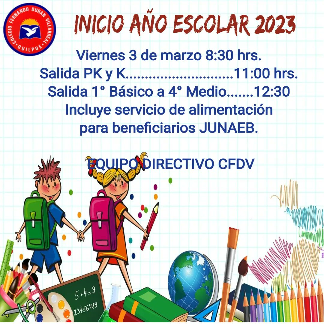 DuranColegio's tweet photo. Junto con desearles a cada estudiante y apoderado un excelente año académico, informamos los horarios de funcionamiento de los primeros días de clases. https://t.co/Q54nPLPP5L