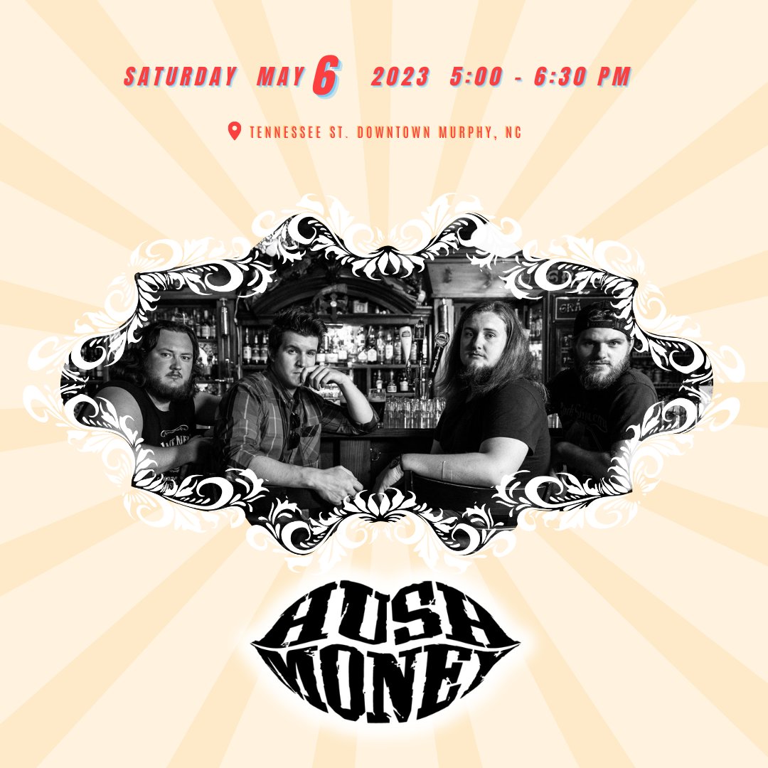 Sat. May 6, 2023
12pm: Street Preachers
1:15 At Risk Youth
2:30 Dottie
3:30 Sugah &amp; Thuh Cubes
5-6:30 Hush Money

@hushmoneymusic4  #murphyNC #livemusic #festival #beergarden #craftbeer #wine #foodtruck #crafts #arts #handmade #local #MurphySpringFestival